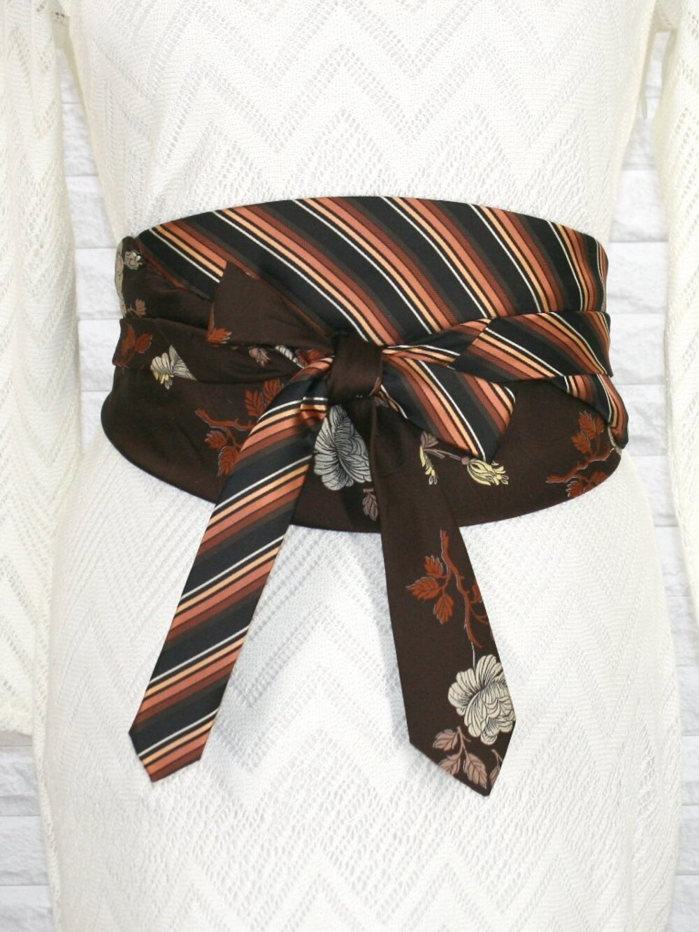 HAND CRAFTED Belt Necktie Upcycled Cummerbund Wrap Wide Obi Waist Brown Floral